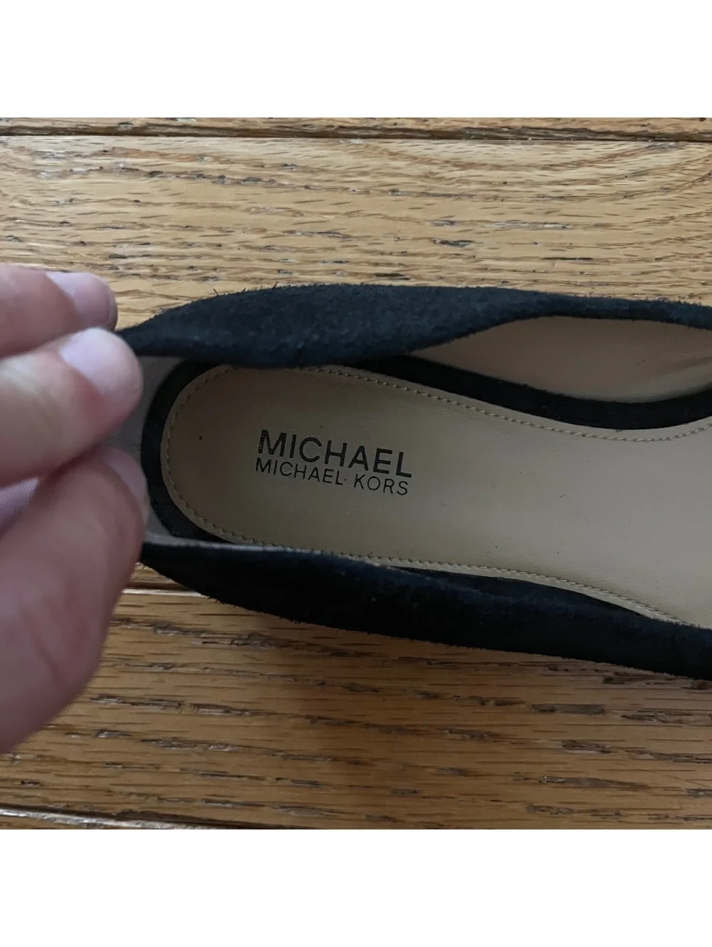 Michael Kors Black Suede Flats with Gold Buckle Accent